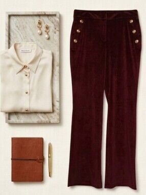 Maison d' Amelie Paris French Burgundy Velvet Velour Flared Leg Pants Size 8